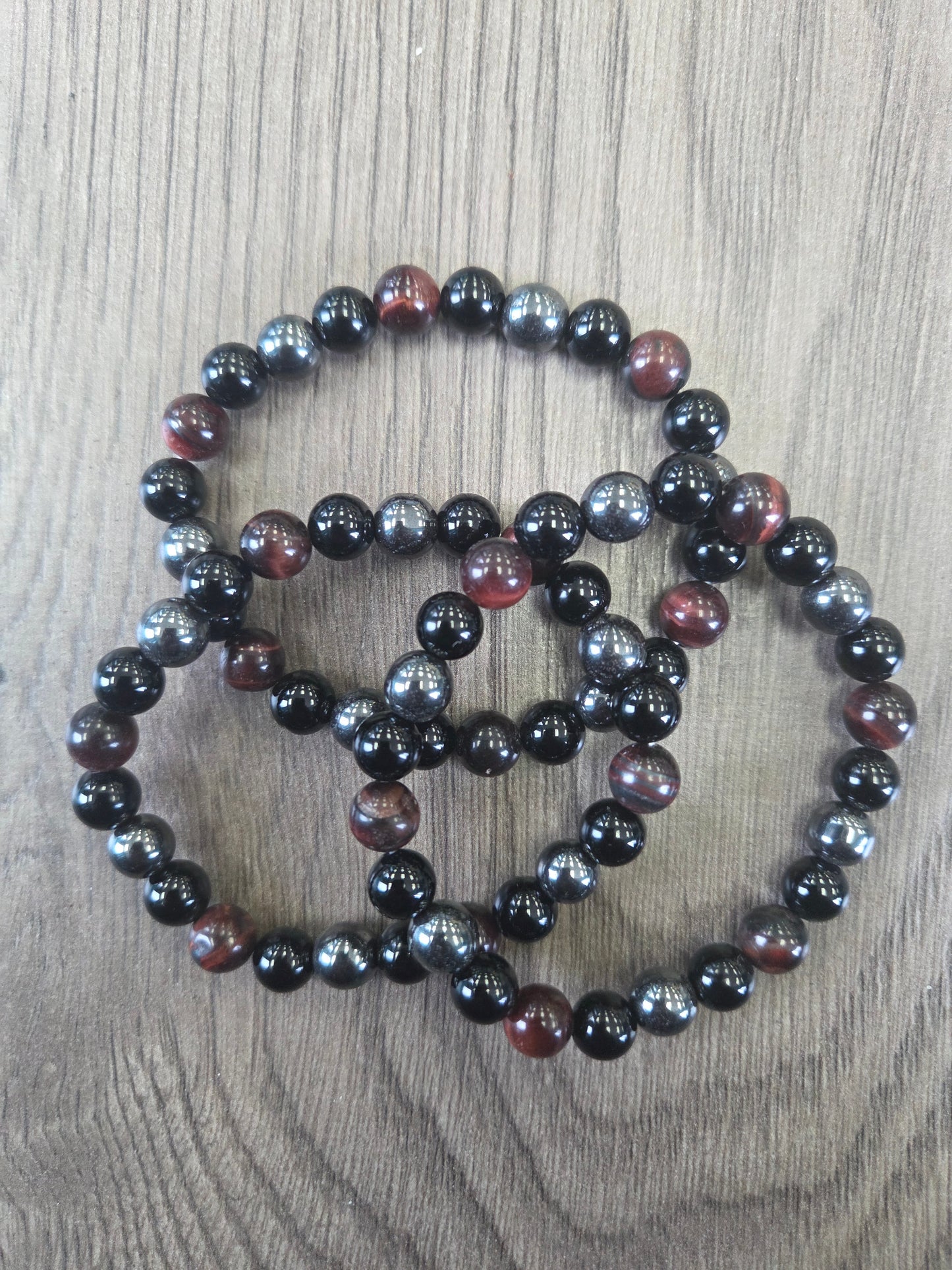 Bracelet- Red Tigers Eye, Hematite, Obsidian. (Triple Grouding & Protection)