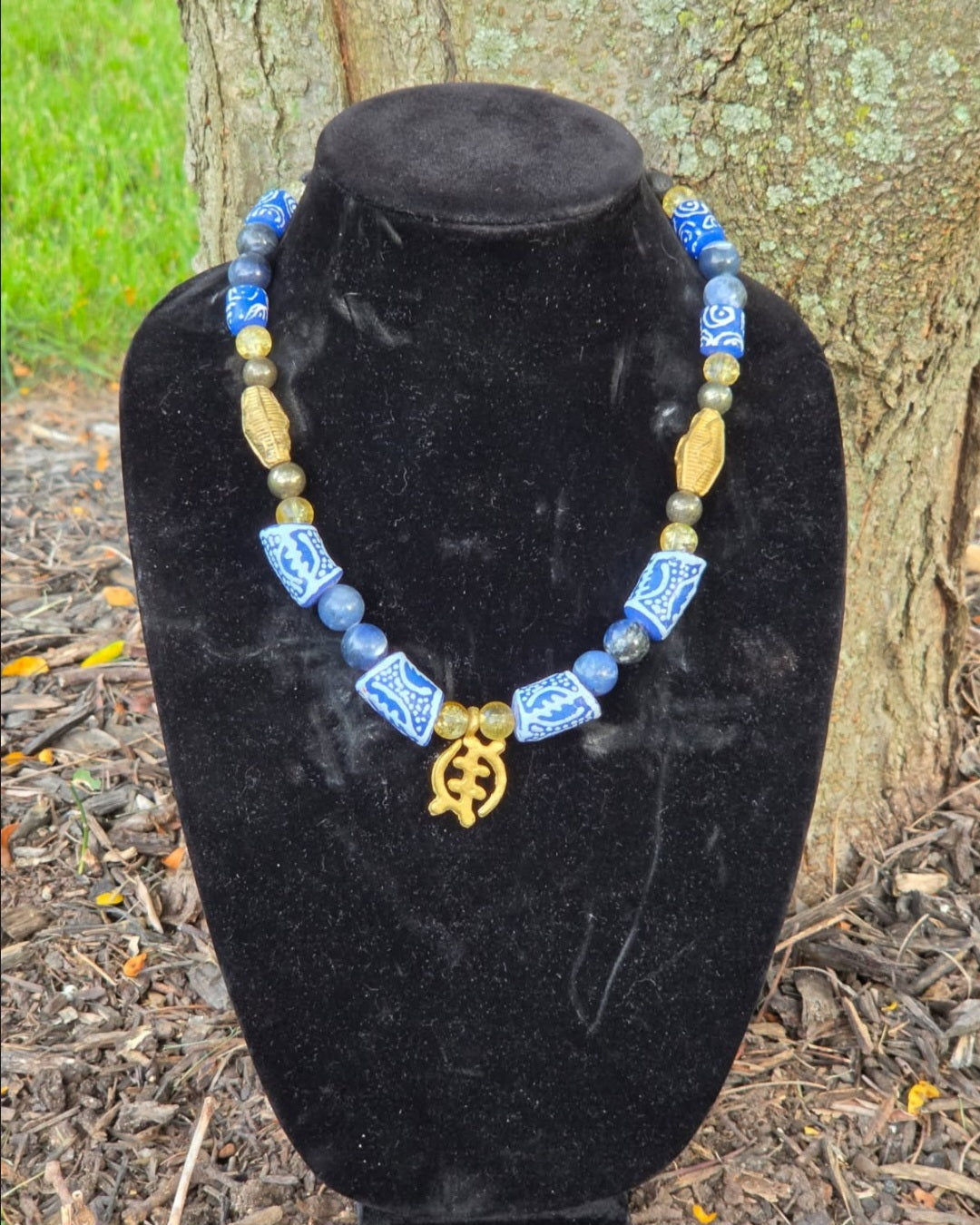 Necklace- Sodalite w/ Pyrite Gye Nyame Pendant (Beaded)