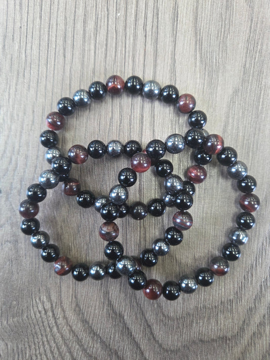 Bracelet- Red Tigers Eye, Hematite, Obsidian. (Triple Grouding & Protection)