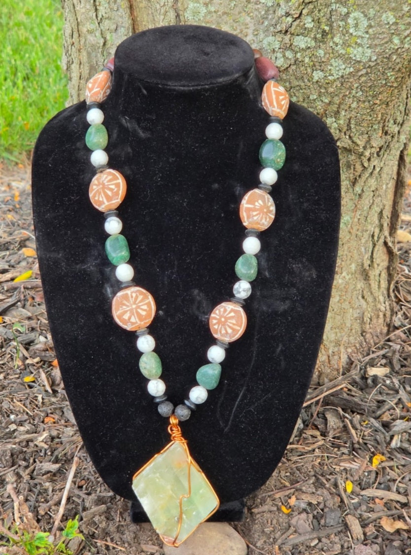 Necklace- Green Calcite, Howlite, w/ Moss Agate Crystal Necklace