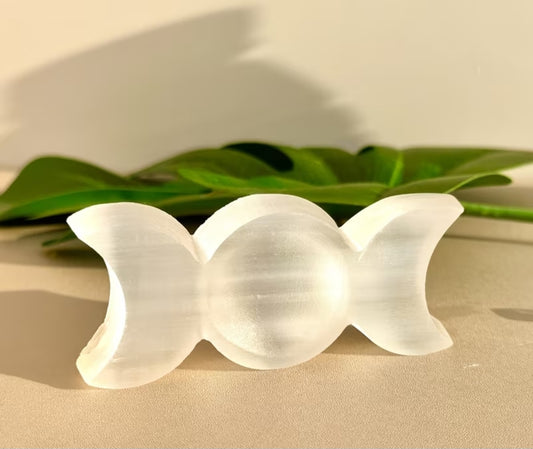 Carved- Selenite Triple Goddess Moon ( Incense Cone Holder)