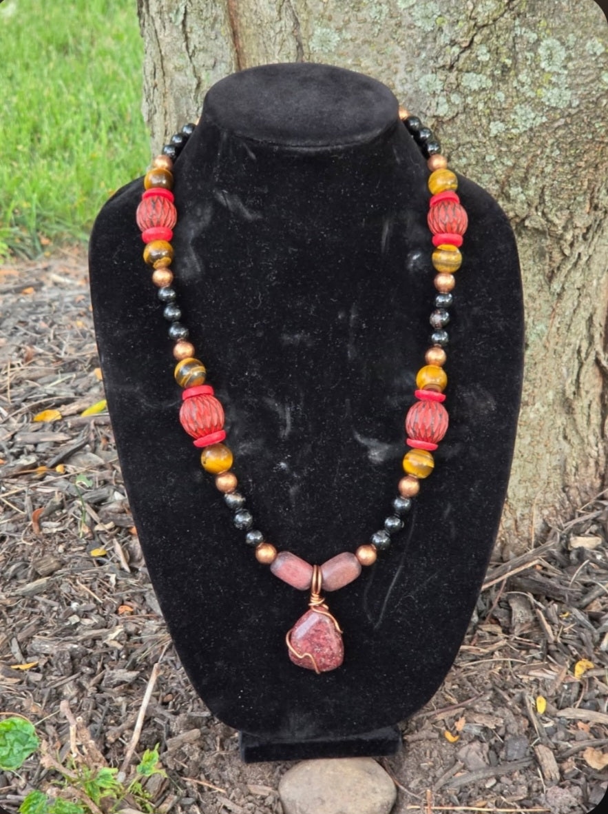 Necklace- Red Aragonite w/ Black Obsidian & Tigers Eye (Crystal Necklace)