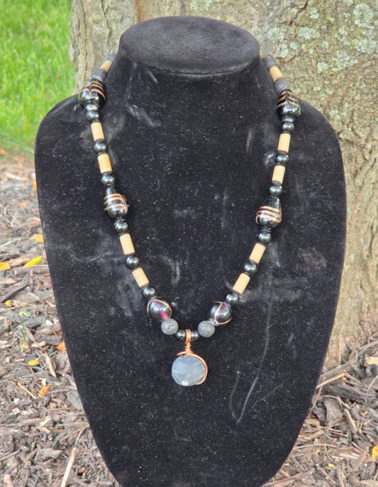Necklace- Iron & Earth w/ Black Onyx  (Lava Stone)