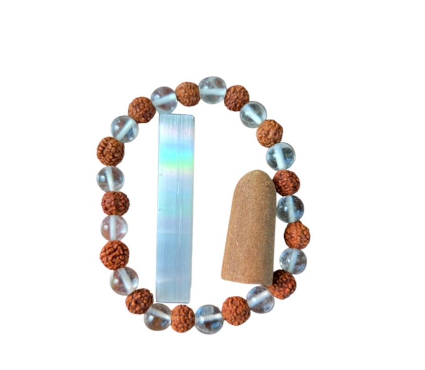 Bracelet- Cleanse & Charge Clear Quartz w/ Rudraksha Kit