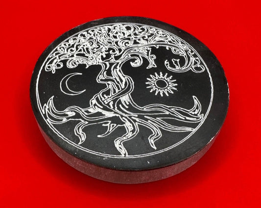 Tumbled- Black Selenite Engraved Tree of Life Plate
